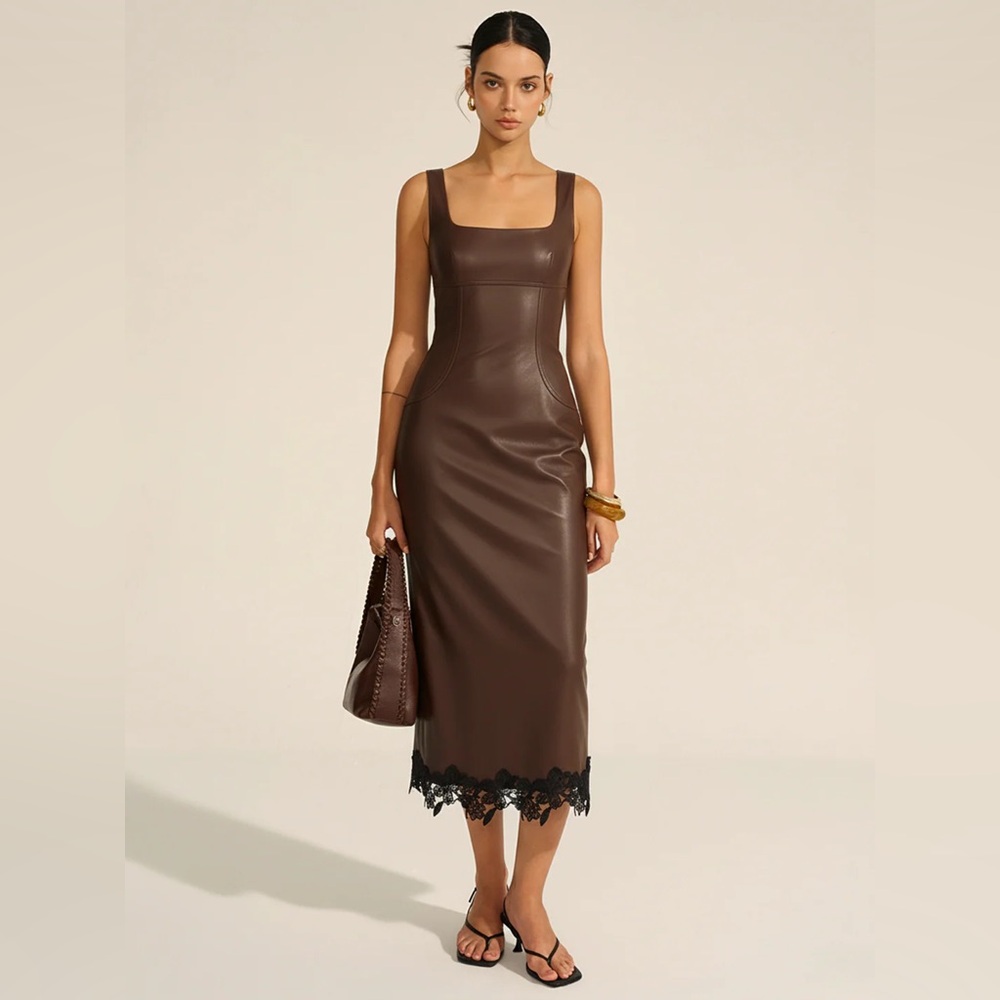 Commense NWT Brown Midi Dress with Black Lace Hem,Size L